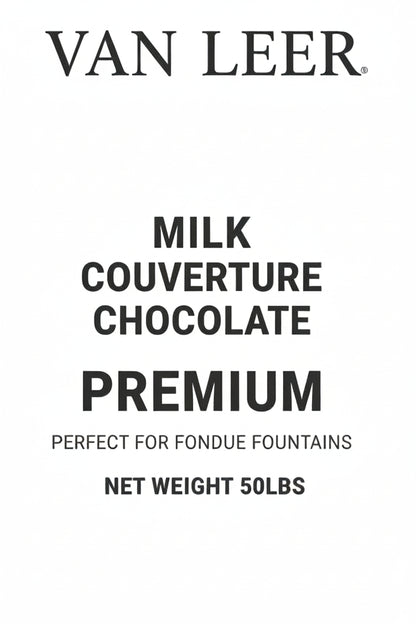 A 50 lbs bulk package of Sephira Milk Couverture Chocolate Premium fountain water, wrapped in clear plastic with a large white label in the center.