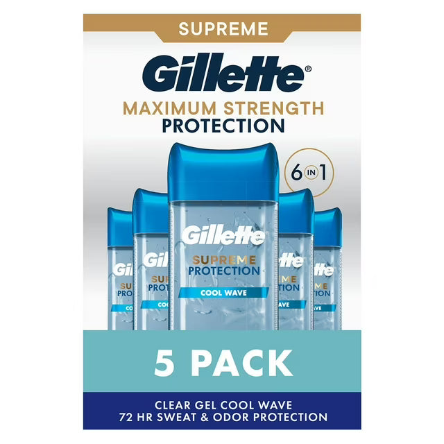 Gillette 6 in 1 Deodorant for Men Clear Gel Antiperspirant Cool Wave 3.8oz 5pk