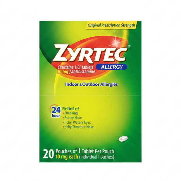 Zyrtec allergy medication packaging on a white background