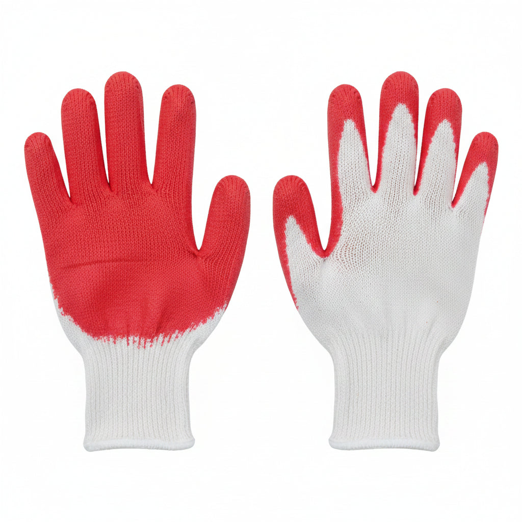 Pair of red and white gloves on a dark background
