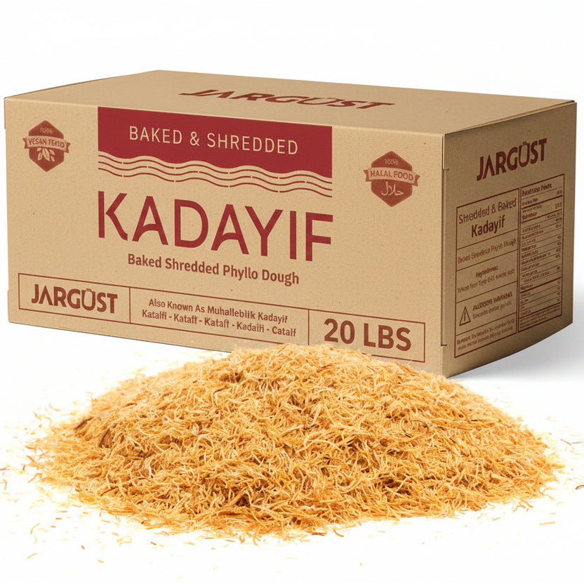 Box of Jargust Kadayif with shredded phyllo dough in front