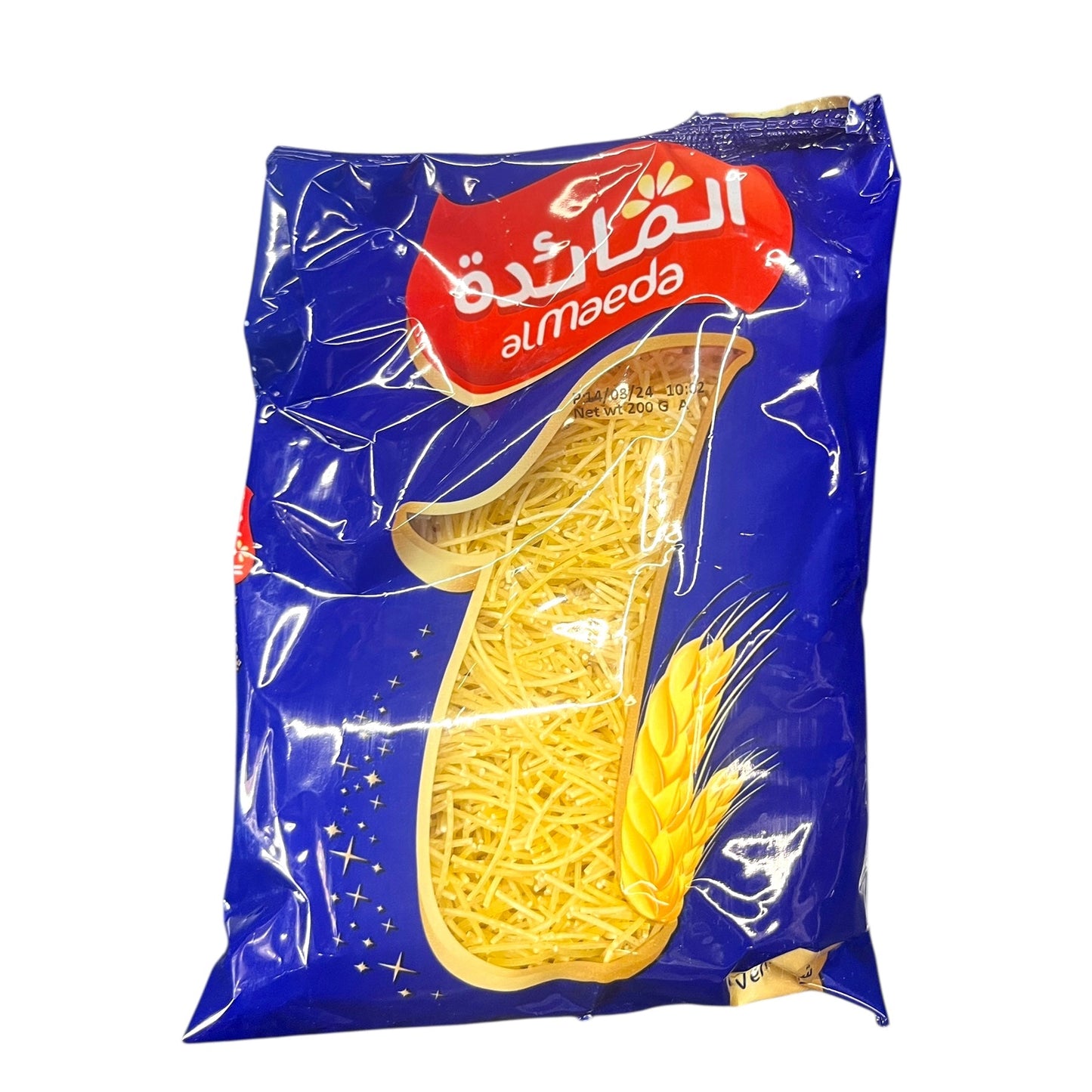Blue package of al Maeda pasta with clear window