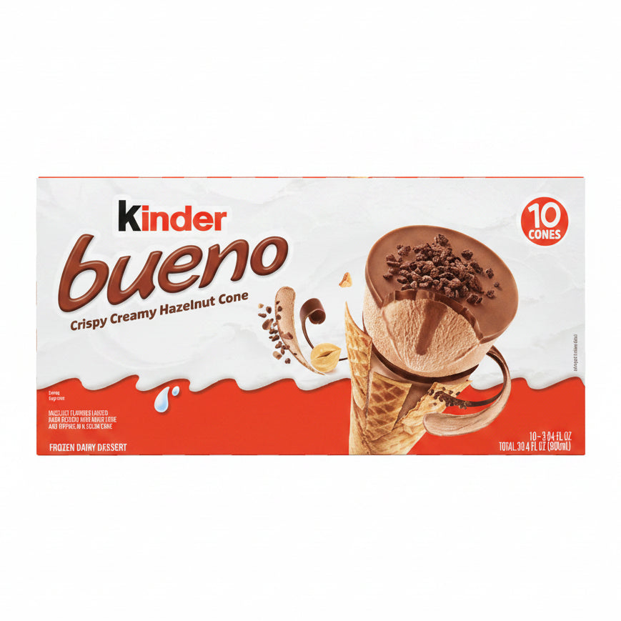 Box of Kinder Bueno ice cream cones on a shelf with boxes in the background