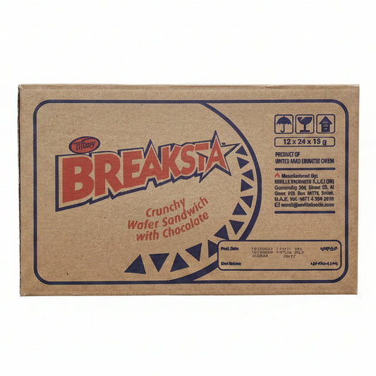 Cardboard boxes with 'Breaksta' branding in a warehouse setting
