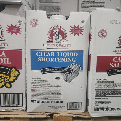 Chef's Quality Clear Liquid Shortening, 35 Pound