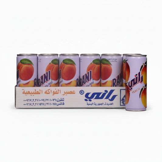 Pack of Rani fruit juice cans with Arabic text on a white background
