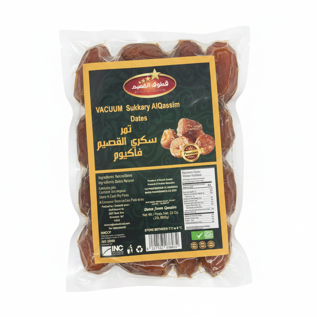 Packaged dates with a label on a white surface