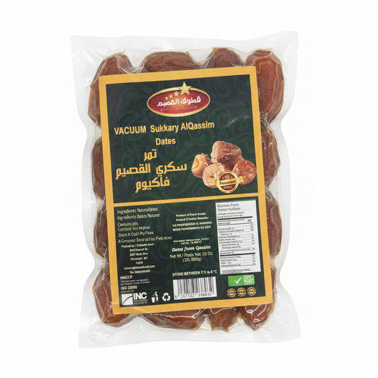 Packaged dates with a label on a white surface