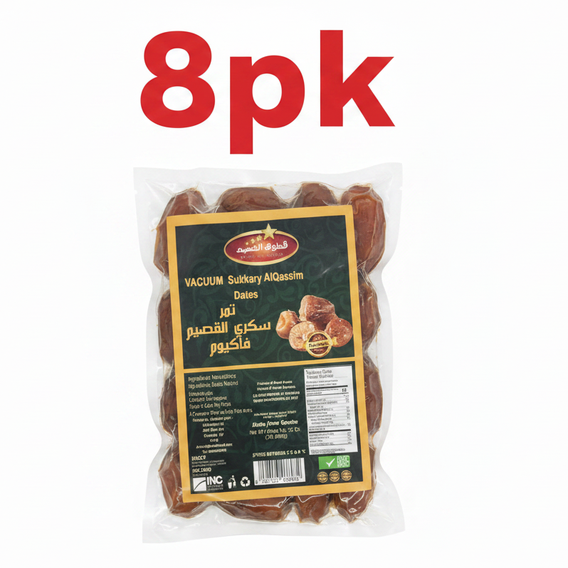 Packaged dried fruits with a label and '8pk' text on a white background