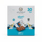 Box of cookies with branding and product images on a white surface