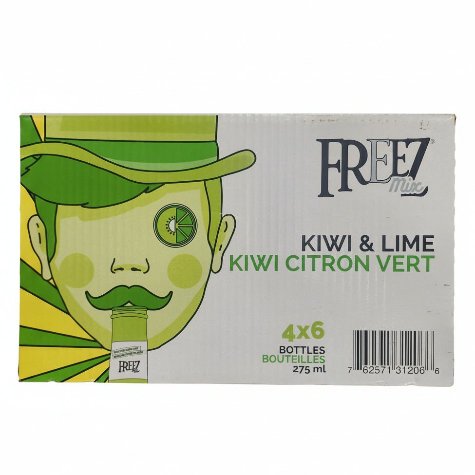 Packaging of F Rey Kiwi & Lime drinks with a green kiwi illustration on a white background.