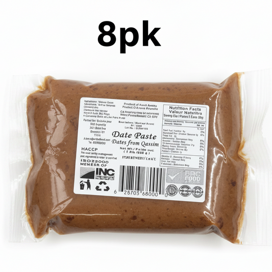 Packaged date paste with a label on a white background, labeled '8pk'.