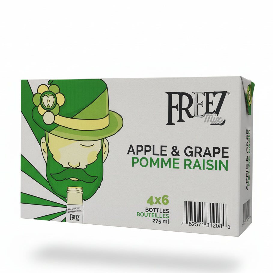 Box of Frey Apple & Grape bottles with a cartoon character on a store shelf.