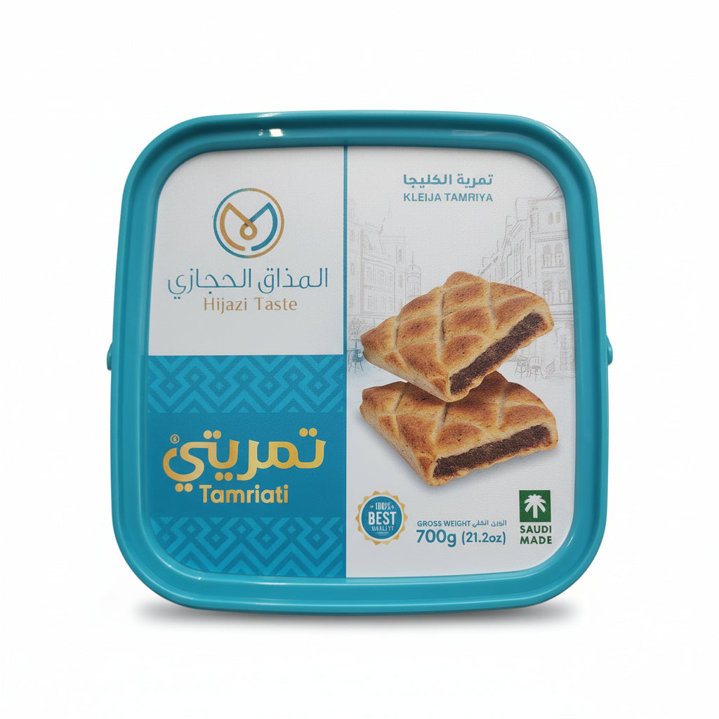 Blue container with baked goods on a white surface