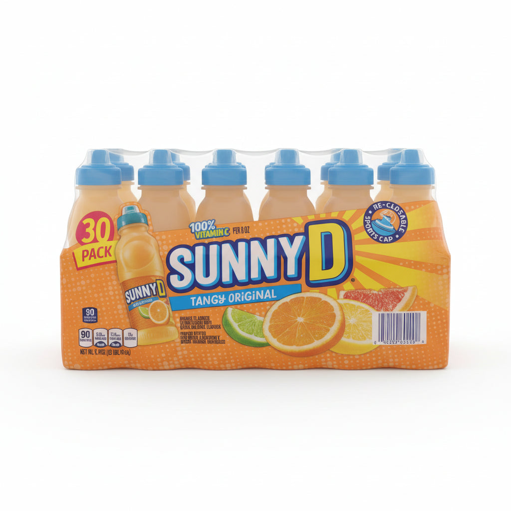 Sunny D orange juice boxes in a 30-pack box with a store shelf background.