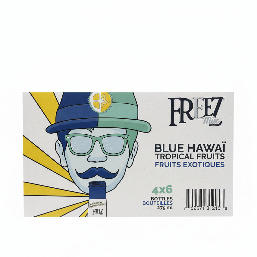 Box of FREEZ Blue Hawaii tropical fruit drinks in a store setting