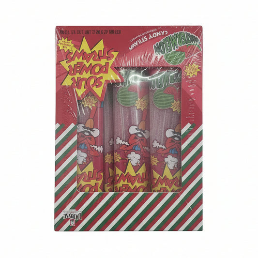 Packaged product with colorful design and text, surrounded by other items.