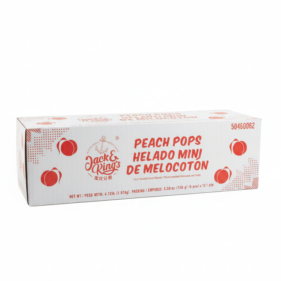 Box of Peach Pops ice cream among stacked boxes with visible brand name.