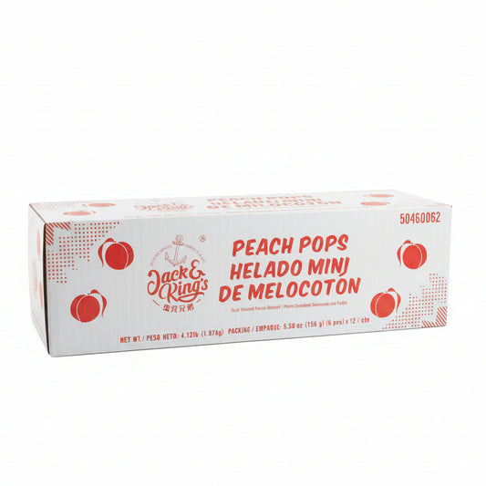 Box of Peach Pops ice cream among stacked boxes with visible brand name.