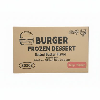 Box of Burger Frozen Dessert with salted butter flavor on a white background