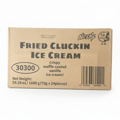 Cardboard packaging of 'Fried Cluckin Ice Cream' with branding and product details.