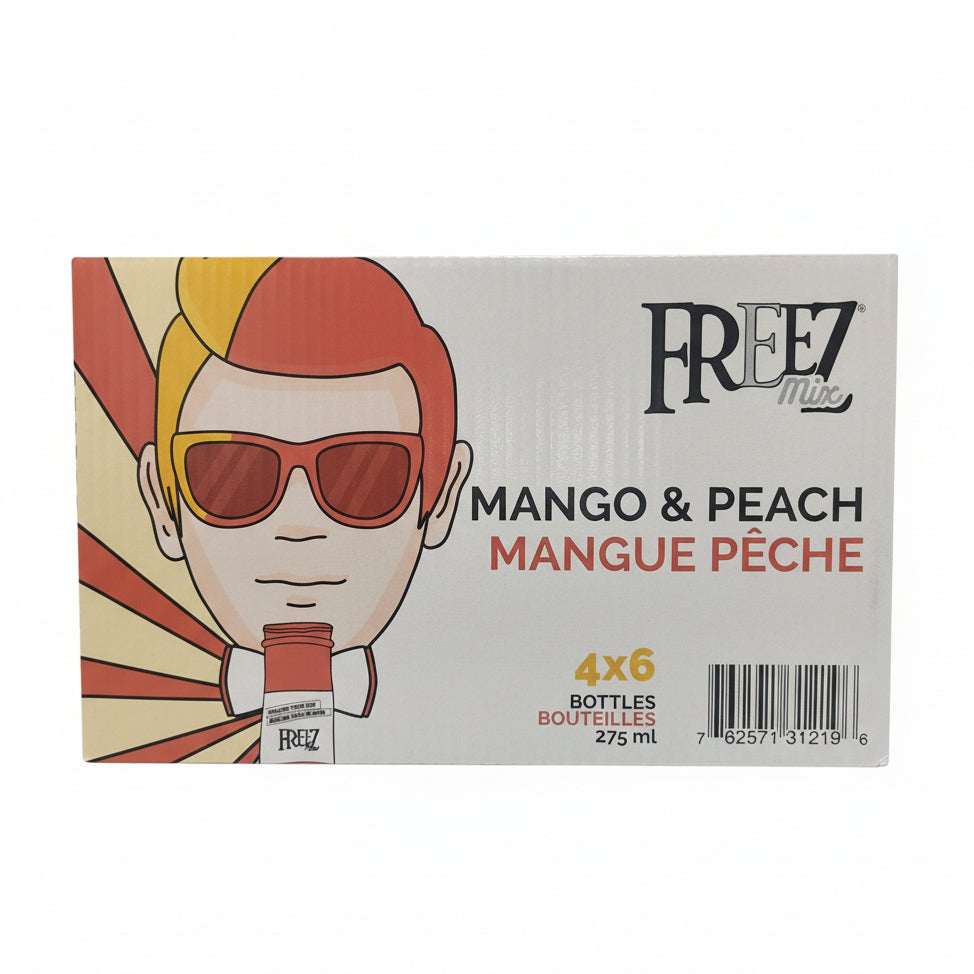 Box of FReez Mango & Peach drinks with a person wearing sunglasses on the label, set against a blurred store background.