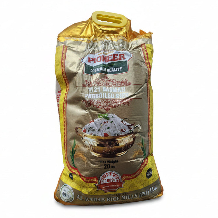 Bag of Pioneer rice on a store shelf with various products around
