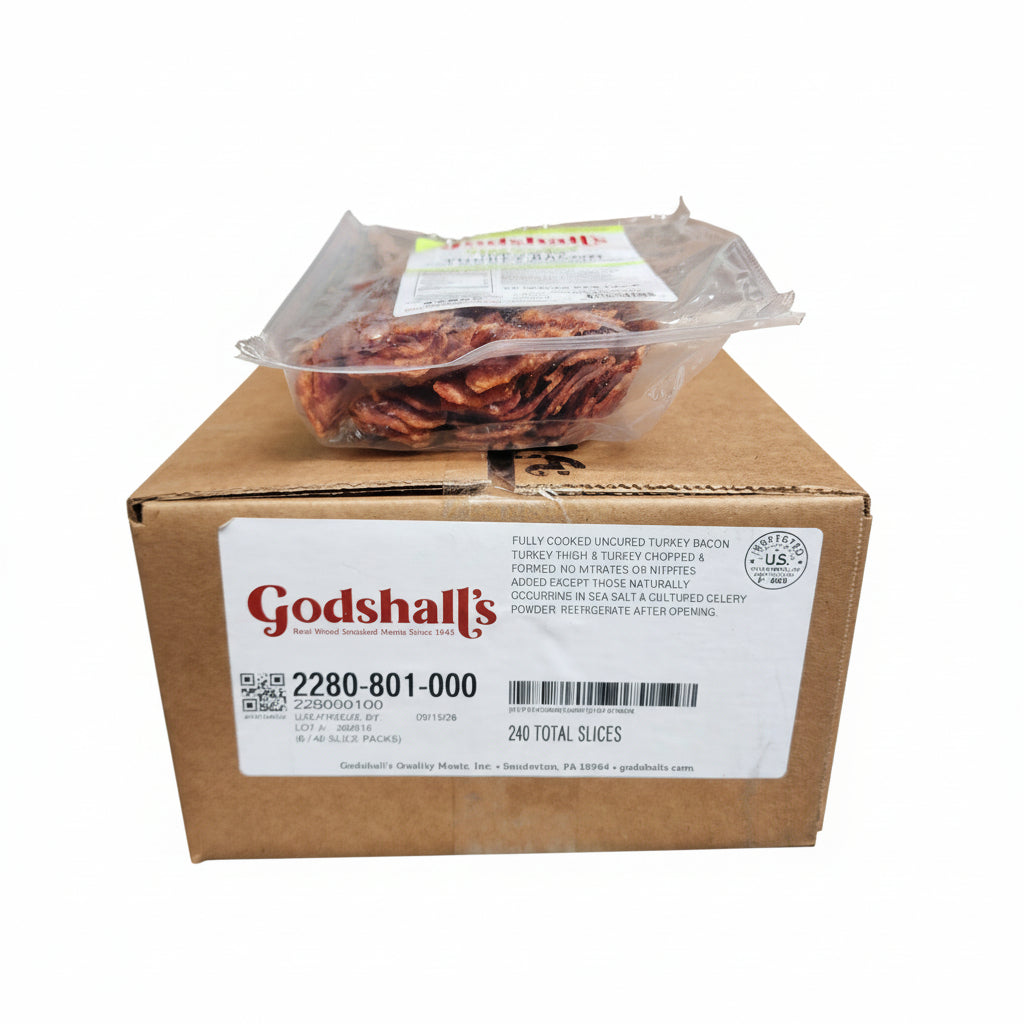 Cardboard box with Godshalls label containing a package of pecans.