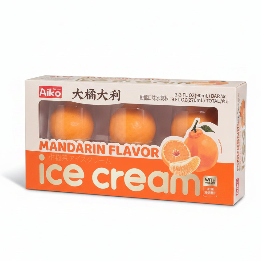 A box of Aiko Mandarin Flavor Ice Cream bottles displayed in a warehouse or store setting, with green-capped bottles visible in the foreground and other products in the background.