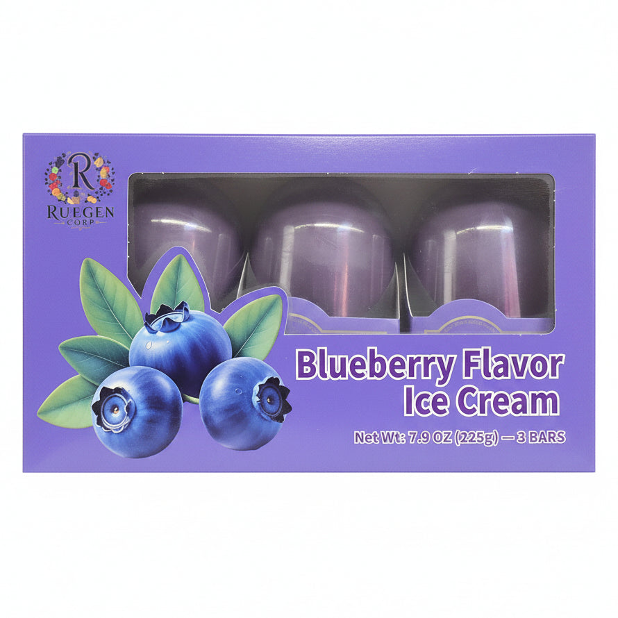 A purple box of Ruegen Corp. Blueberry Flavor Ice Cream containing 5 bars, displayed on a warehouse floor next to 7-Up bottles.