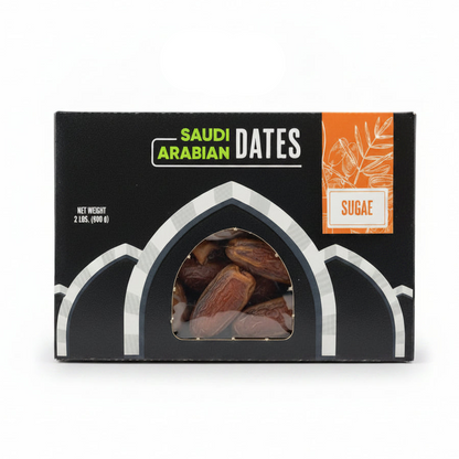 Box of Saudi Arabian dates with a clear window showing the product on a white background