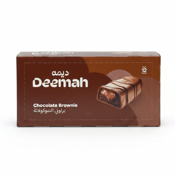 A box of Deemah chocolate brownies on a store shelf, with other packaged goods visible in the background.