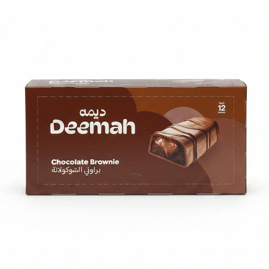A box of Deemah chocolate brownies on a store shelf, with other packaged goods visible in the background.