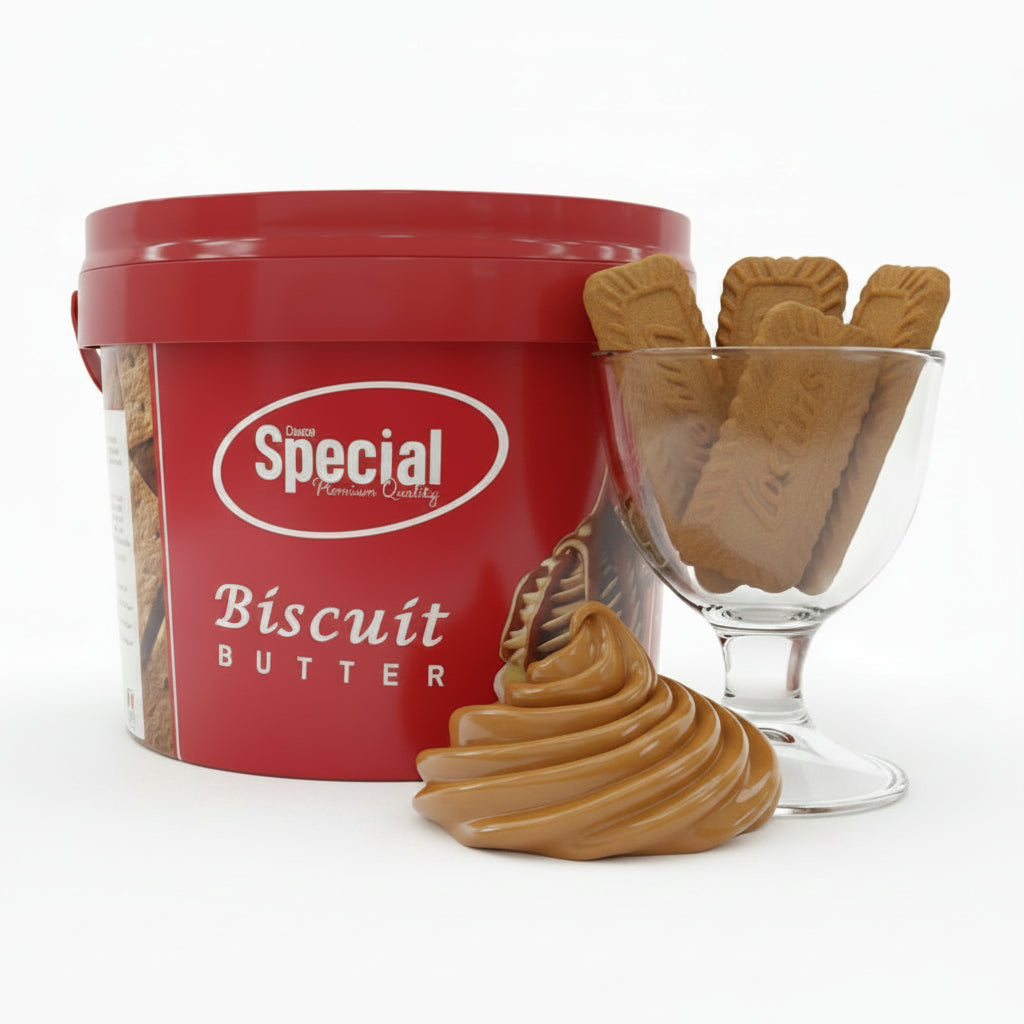 Red container of Creme Special Biscuit Butter on a white background