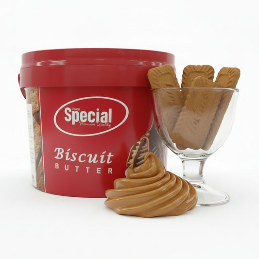 Red container of Creme Special Biscuit Butter on a white background
