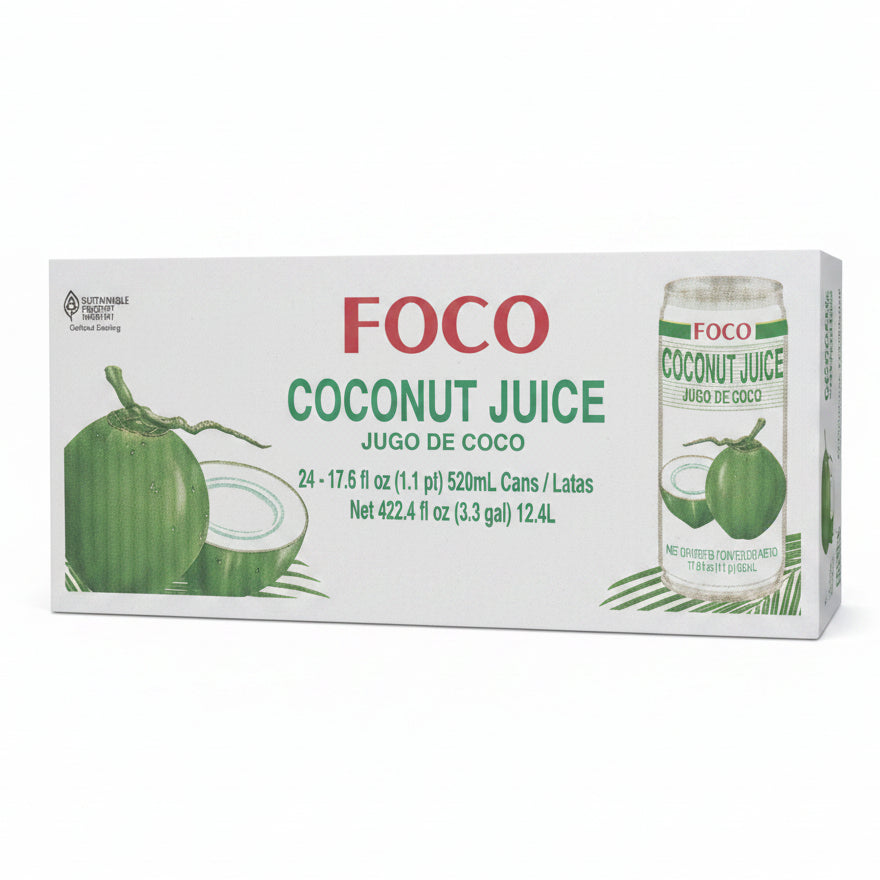 Box of Foco coconut juice with a coiled green coconut graphic on a store shelf.
