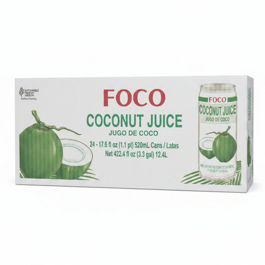 Box of Foco coconut juice with a coiled green coconut graphic on a store shelf.