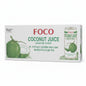 Box of Foco coconut juice with a coiled green coconut graphic on a store shelf.