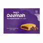 A package of Deemah date bars wrapped in clear plastic, showing a purple box with the brand name 'Deemah' and an image of a biscuit filled with date fruit, placed on top of other packaged goods.