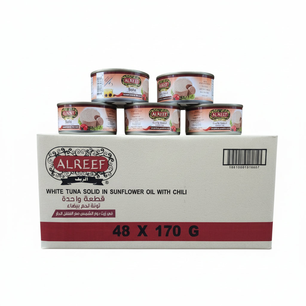 AlReef tuna cans and boxes on a shelf
