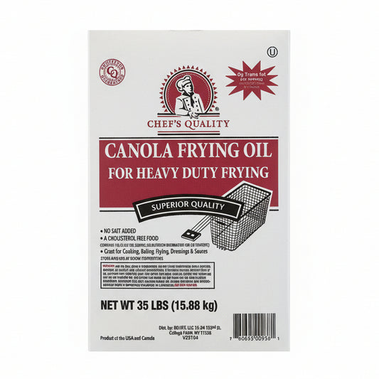Box of Chef's Quality canola frying oil on a shelf