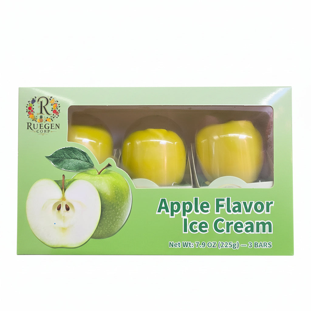 A box of Ruegen Corp. Apple Flavor Ice Cream, 3 bars, featuring a light green box with illustrations of green and white apples and a clear window showing yellow ice cream inside.