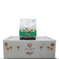 Product packaging with brand logo in a store setting