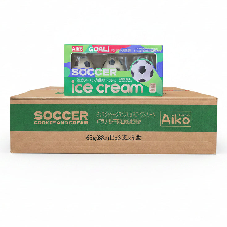 Aiko ice cream packaging with soccer design on a shelf in a warehouse setting
