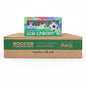 Aiko ice cream packaging with soccer design on a shelf in a warehouse setting