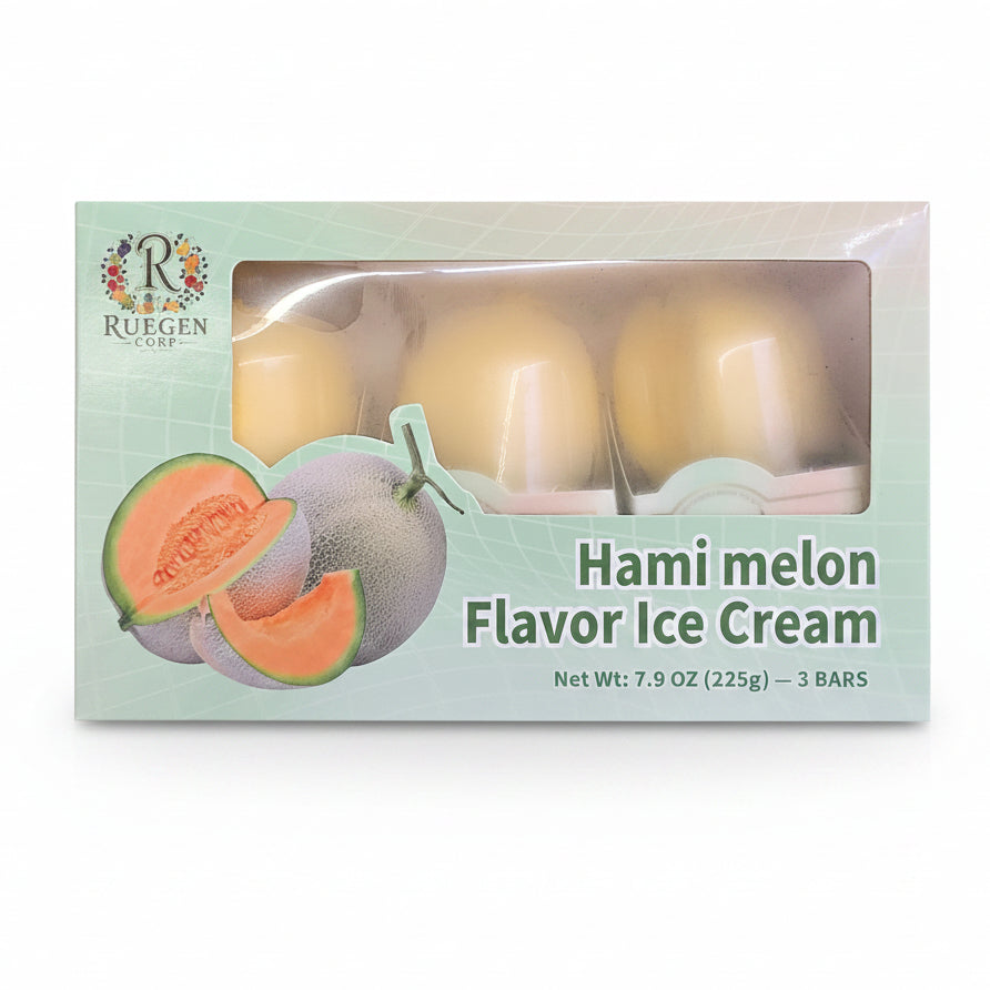 A box of Ruegen Cafe Hami Melon Flavor Ice Cream containing 3 bars, displayed on a store shelf next to other packaged ice cream bottles.