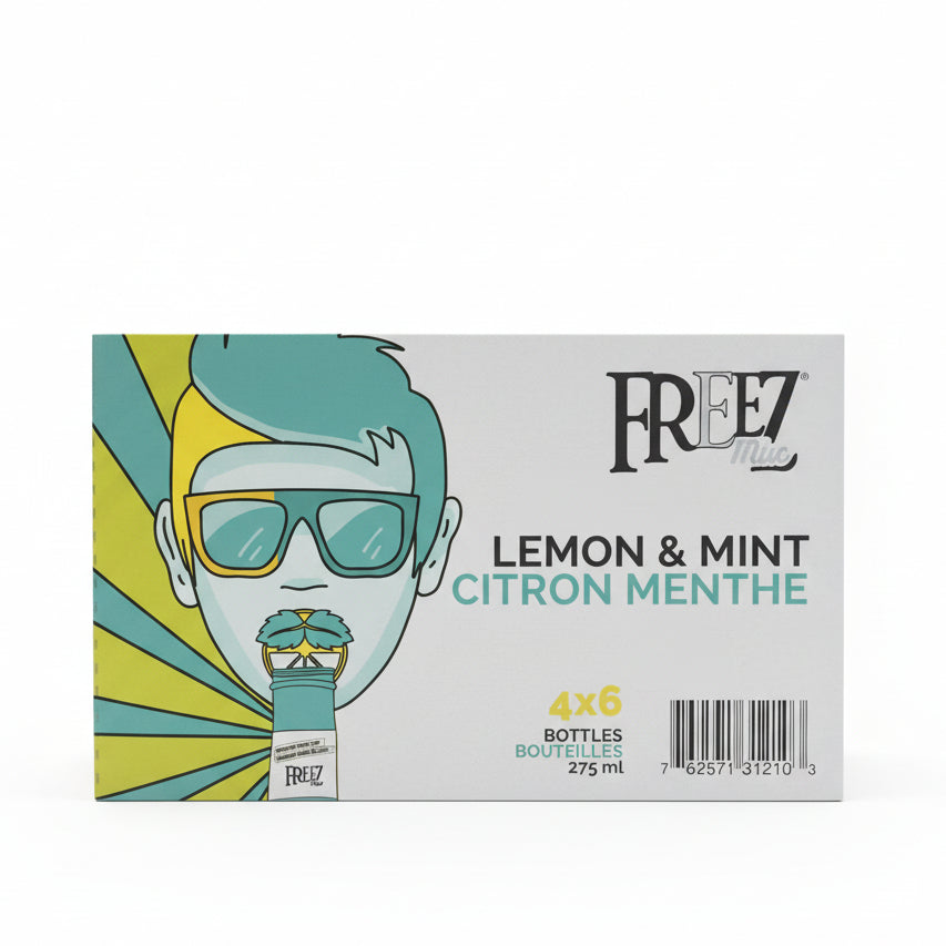 Box of Fрез Lemon & Mint drinks in a store setting