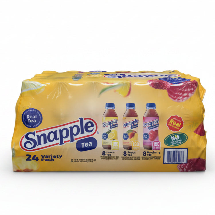 A 24-pack variety case of Snapple Tea in a yellow plastic wrap package, displayed on top of a milk carton in a retail store aisle.