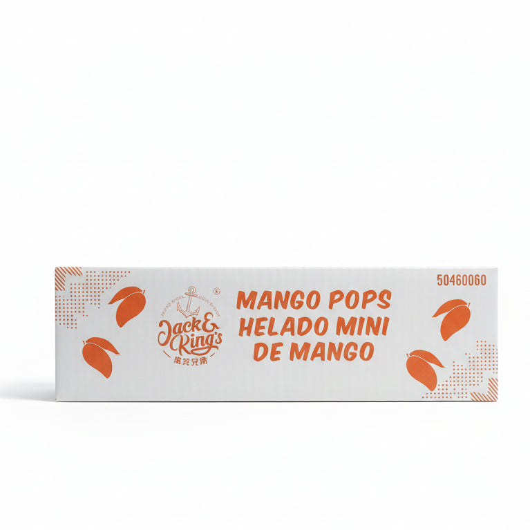 Box of Mango Pops ice cream with a fan and white wall in the background