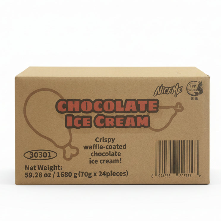 Cardboard box of chocolate ice cream with branding and product details.